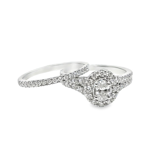14K White Gold Diamond  Engagement Ring with Oval Cut Diamond & Matching Band 1.00 ctw