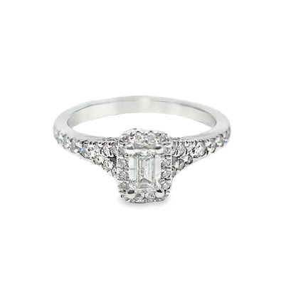 14k White Gold Diamond Engagement Ring with Emerald Cut Center Stone 0.75 ctw Overall