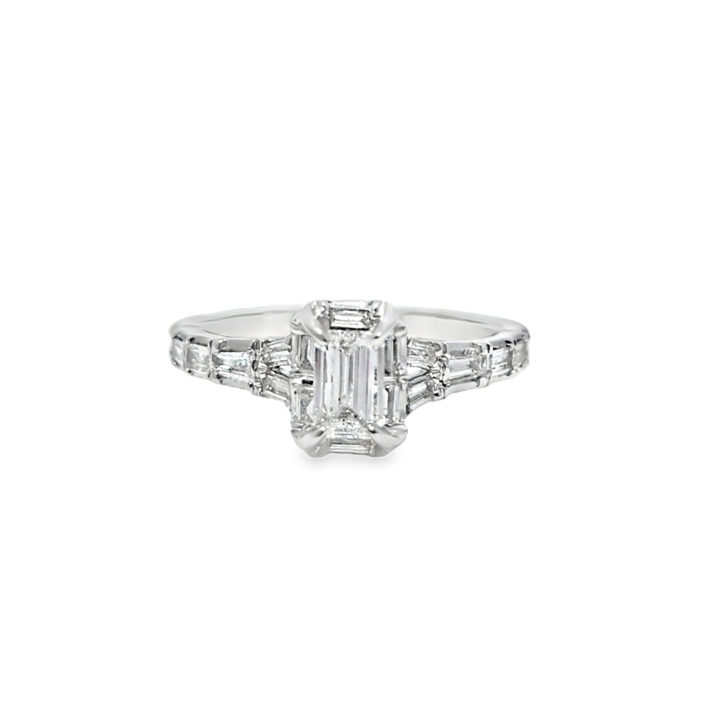 14k White Gold Diamond Ring with Emerald Soliatire Diamond 1.00 ctw Overall