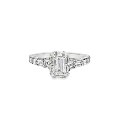 14k White Gold Diamond Ring with Emerald Soliatire Diamond 1.00 ctw Overall