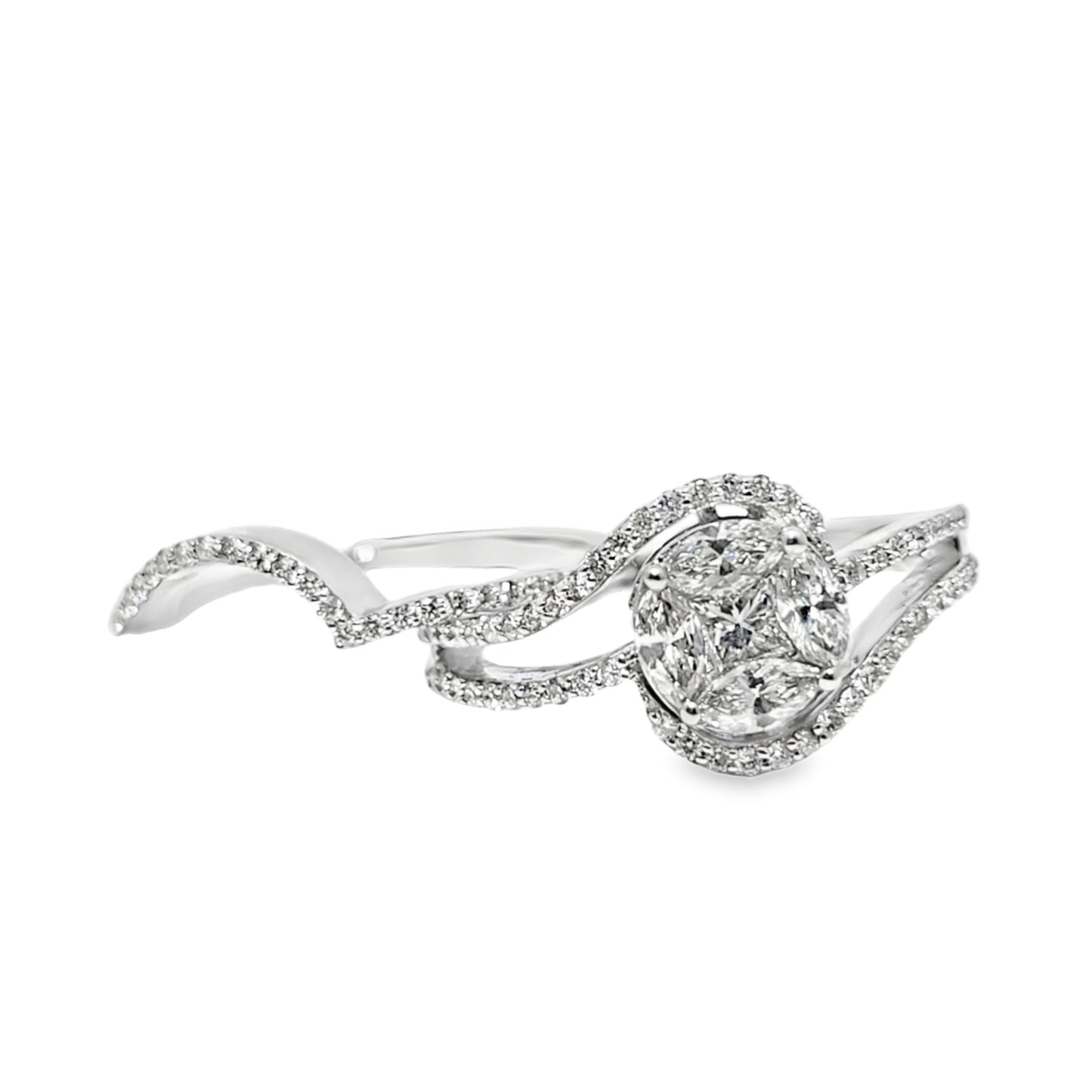 18k White Gold Diamond Flower-Set Princess Center Ring 1.50 ctw