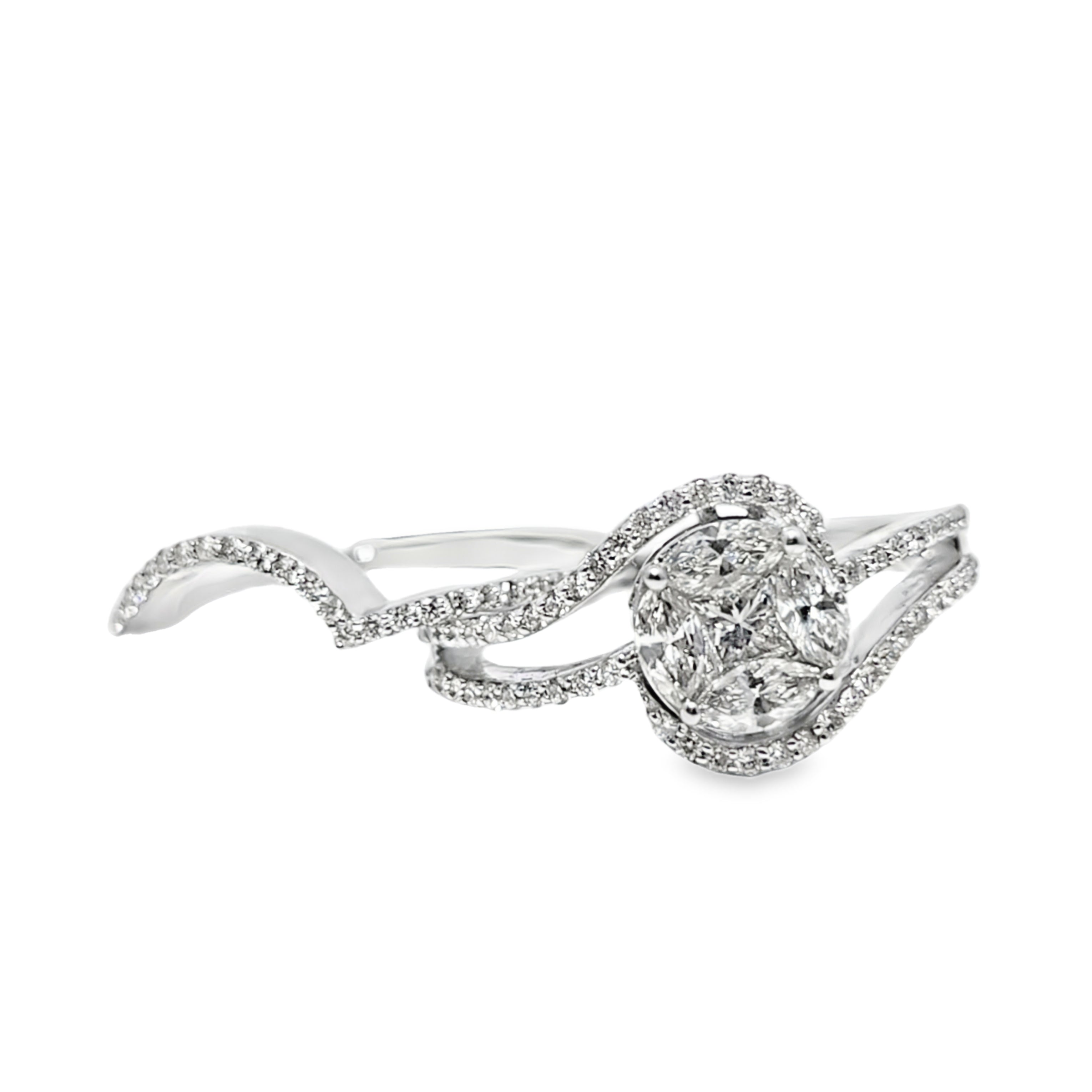 18k White Gold Diamond Flower-Set Princess Center Ring 1.50 ctw