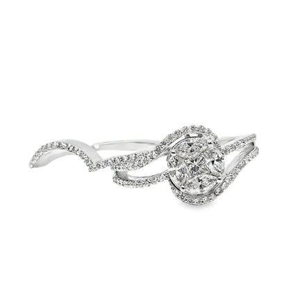 18k White Gold Diamond Flower-Set Princess Center Ring 1.50 ctw
