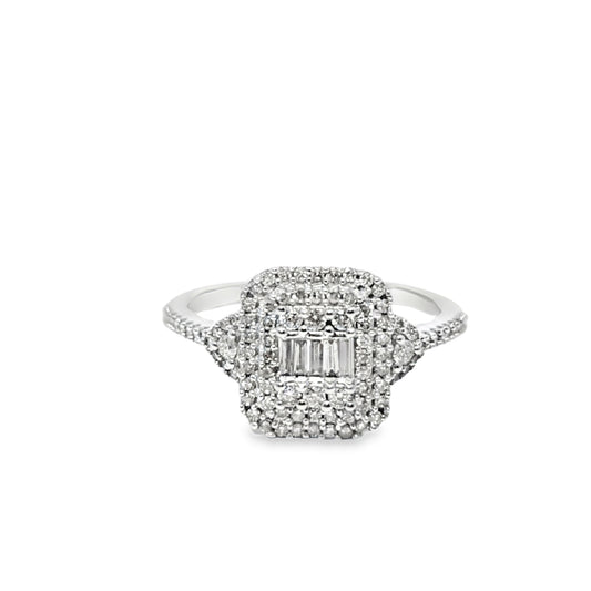 14K White Gold Diamond Square Cut Cluster Ring 0.49 ctw | Baguette & Round Halo Design – Jewelry Palace