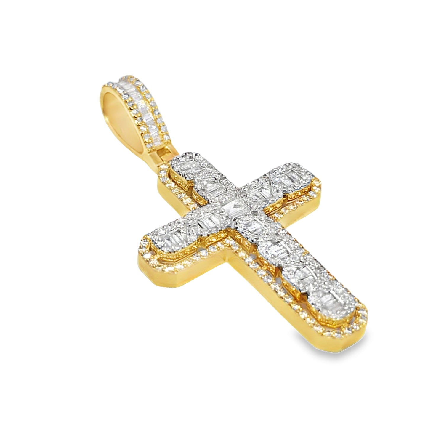 10K Yellow Gold Diamond Cross Pendant with Baguette-Cut Diamonds 2.15 ctw