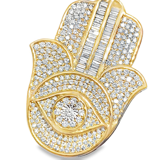 10K Yellow Gold Diamond Hamsa Hand Pendant 2.62 ctw | Round Brilliant & Baguette Diamonds