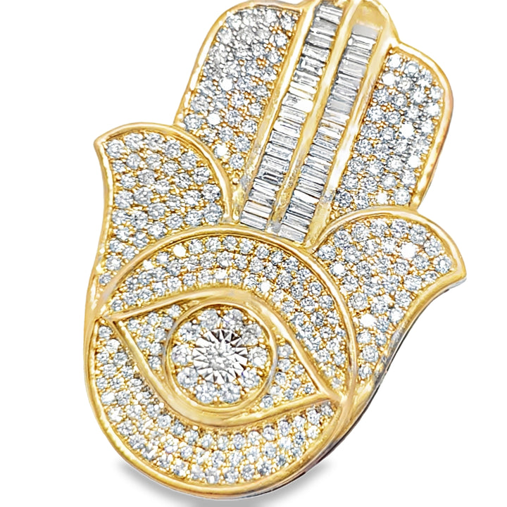 10K Yellow Gold Diamond Hamsa Hand Pendant 2.62 ctw | Round Brilliant & Baguette Diamonds