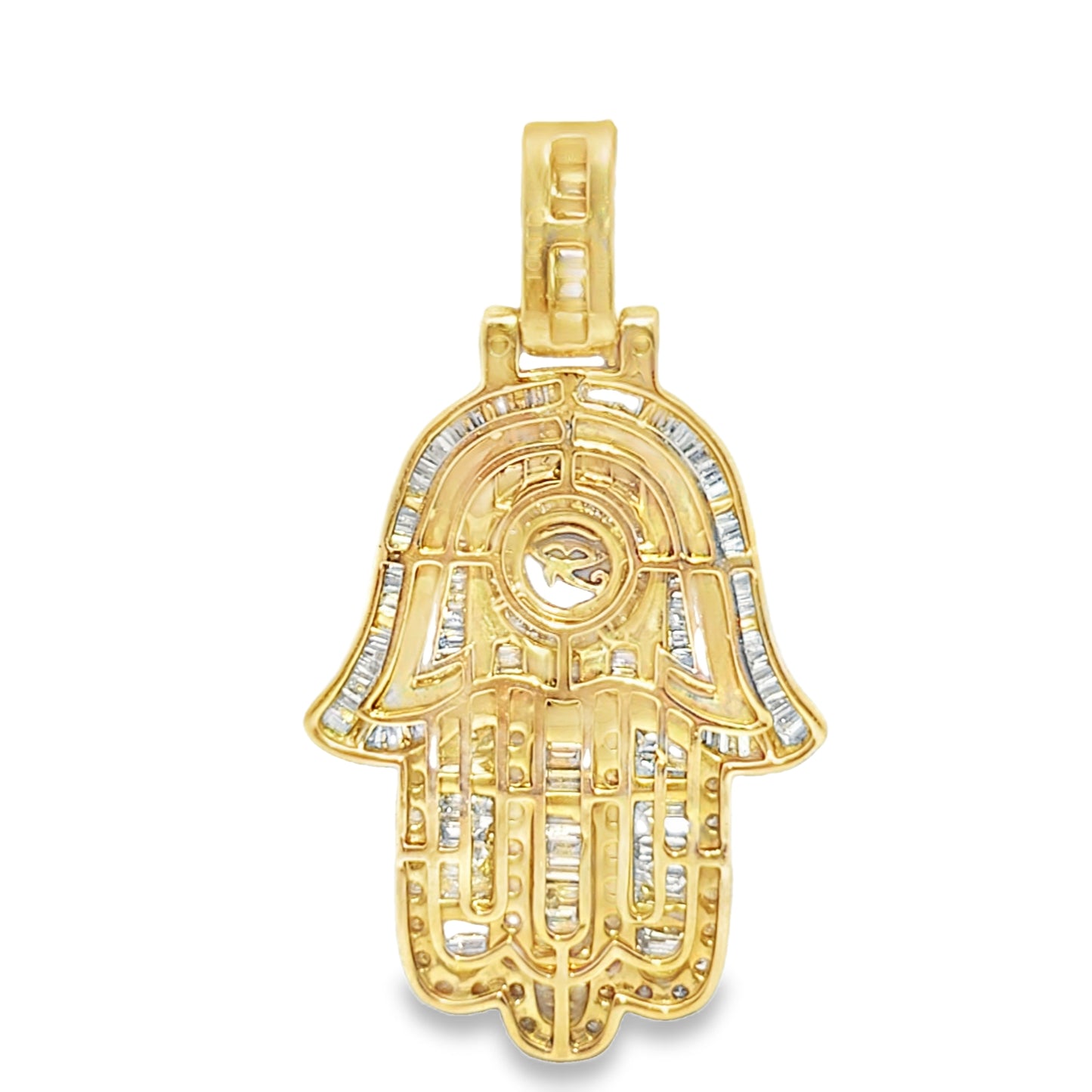 10K Yellow Gold Diamond Hamsa Pendant 2.50 ctw | Baguette & Round Diamond Hand of Protection