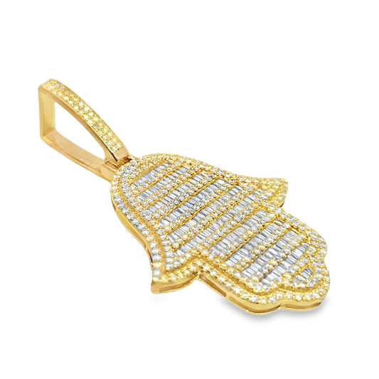 10K Yellow Gold Diamond Hamsa Pendant 4.0 ctw | Baguette & Round Diamond Charm