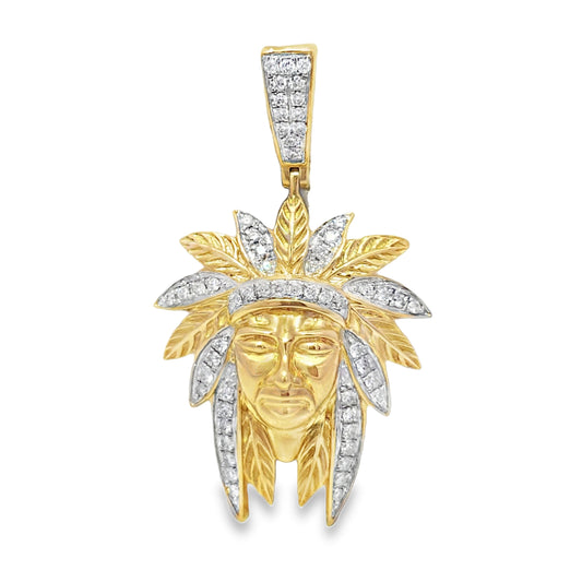 10K Yellow Gold Diamond Native American Chief Pendant 0.75 ctw | Cultural Heritage Charm