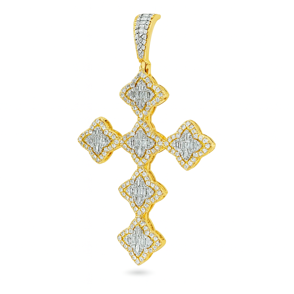 10K Yellow Gold Diamond Cross Pendant 2.00 ctw Baguette & Round Cluster Design | Men's & Women's Gold Cross Necklace