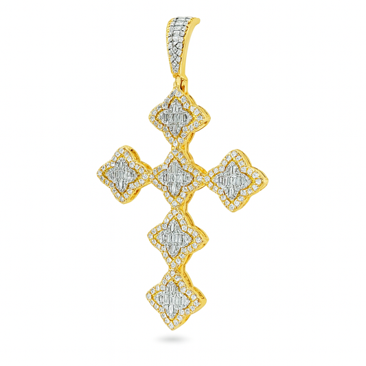 10K Yellow Gold Diamond Cross Pendant 2.00 ctw Baguette & Round Cluster Design | Men's & Women's Gold Cross Necklace