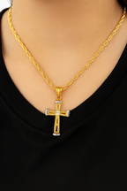10K two-tone gold cross necklace close-up