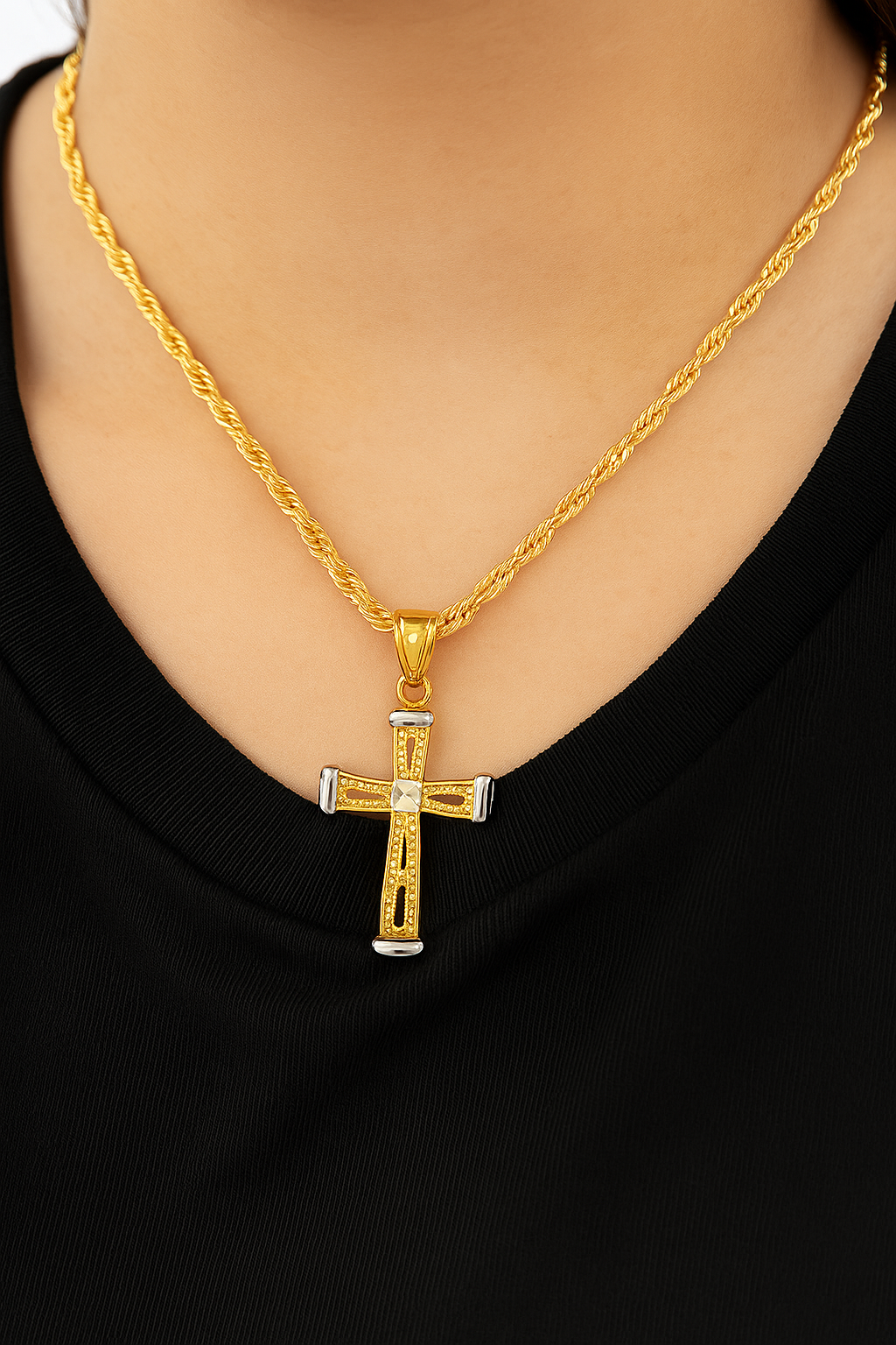 10K two-tone gold cross necklace close-up