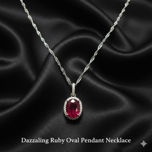 14K White Gold Diamond Ruby Oval Pendant Necklace | July Birthstone 1/8 CTW