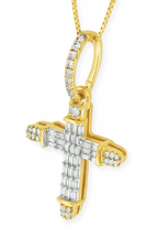 10K Yellow Gold Diamond Cross Pendant Necklace Baguette & Round Diamonds 0.35 CTW