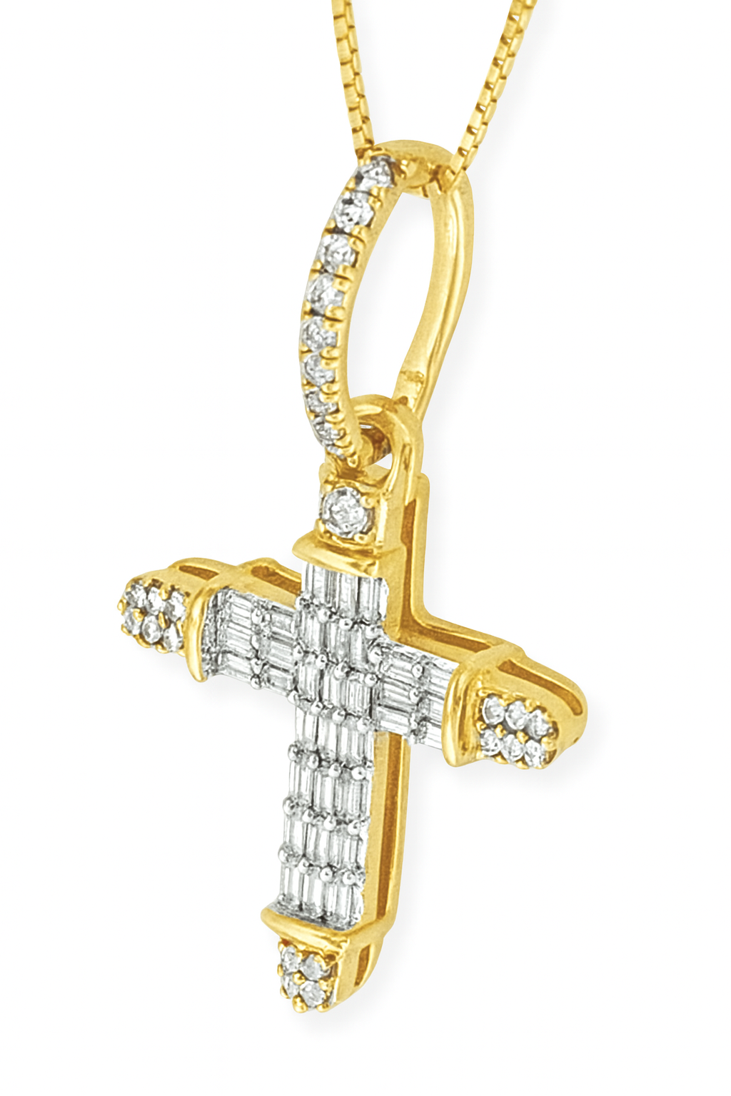 10K Yellow Gold Diamond Cross Pendant Necklace Baguette & Round Diamonds 0.35 CTW