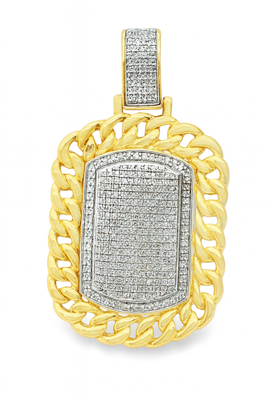 10K Yellow Gold Diamond Dog Tag Pendant with Cuban Border 0.87 ctw | Iced Out Pendant for Men – Jewelry Palace