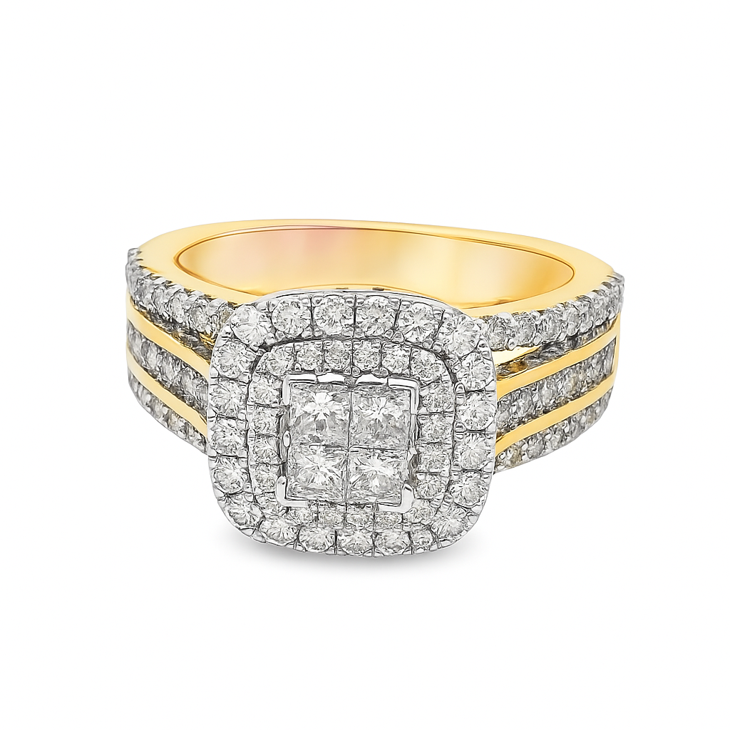 14K Gold Square Twin Halo Diamond Ring 1.73 ctw