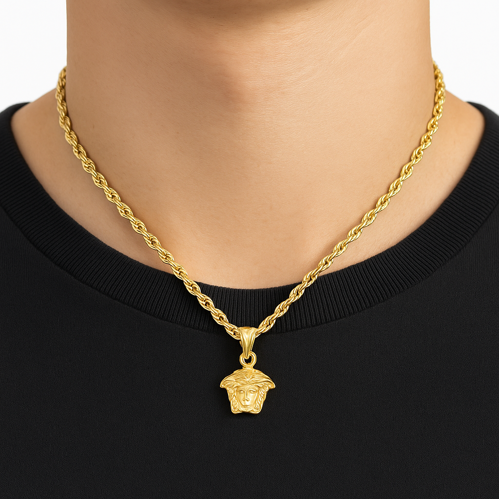 10K Yellow Gold Medusa Pendant Necklace | Bold Rope Chain Set | Jewelry Palace