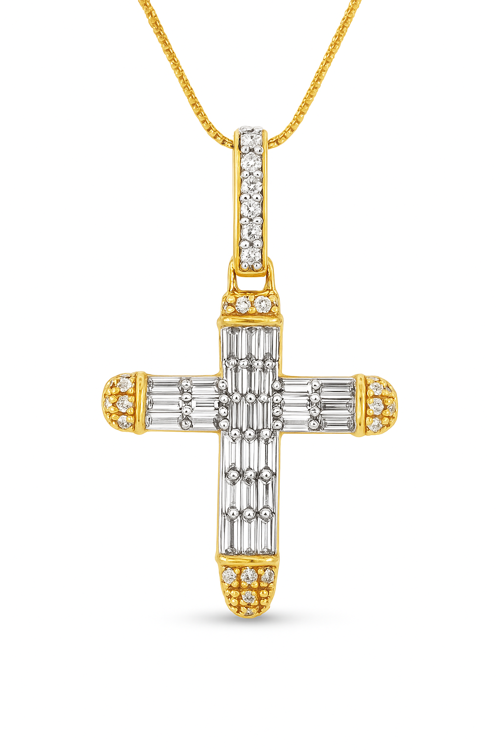 10K Yellow Gold Diamond Cross Pendant Necklace Baguette & Round Diamonds 0.35 CTW