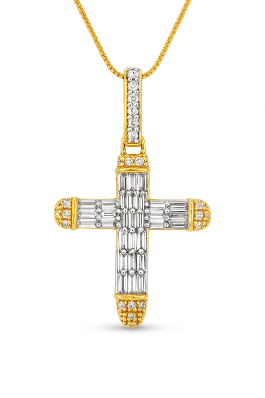 10K Yellow Gold Diamond Cross Pendant Necklace Baguette & Round Diamonds 0.35 CTW