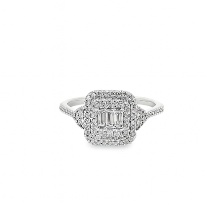 14K White Gold Diamond Square Cut Cluster Ring 0.49 ctw | Baguette & Round Halo Design – Jewelry Palace