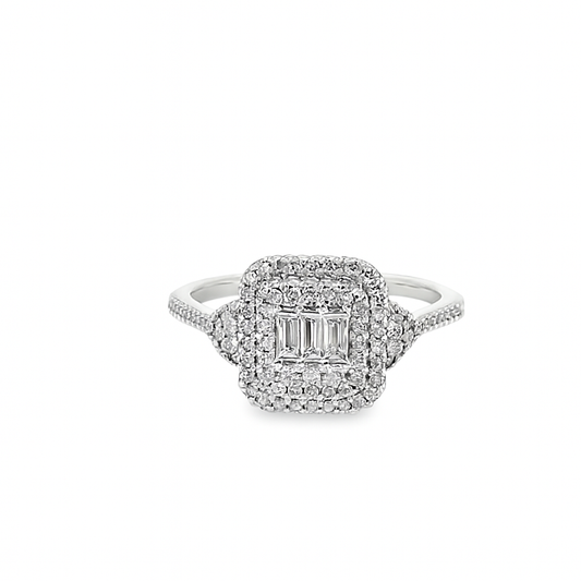14K White Gold Diamond Square Cut Cluster Ring 0.49 ctw | Baguette & Round Halo Design – Jewelry Palace
