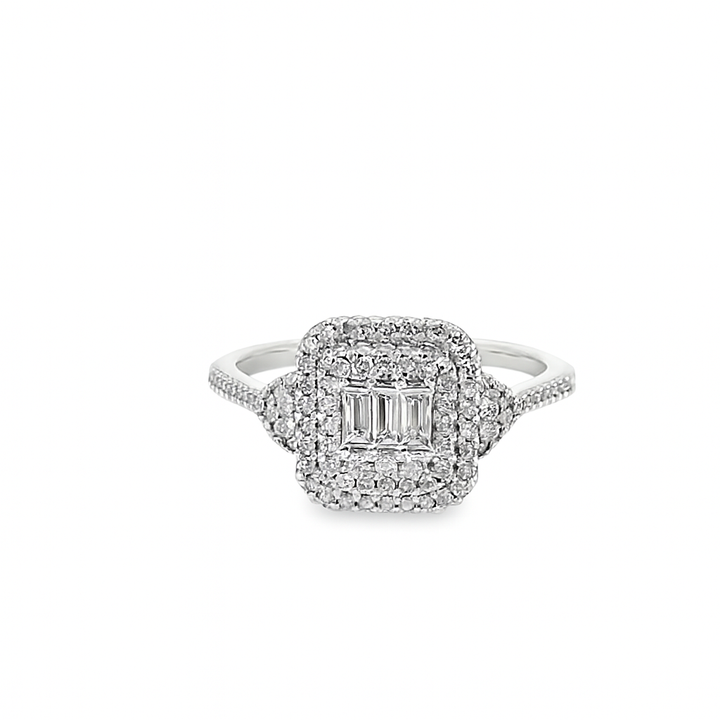 14K White Gold Diamond Square Cut Cluster Ring 0.49 ctw | Baguette & Round Halo Design – Jewelry Palace