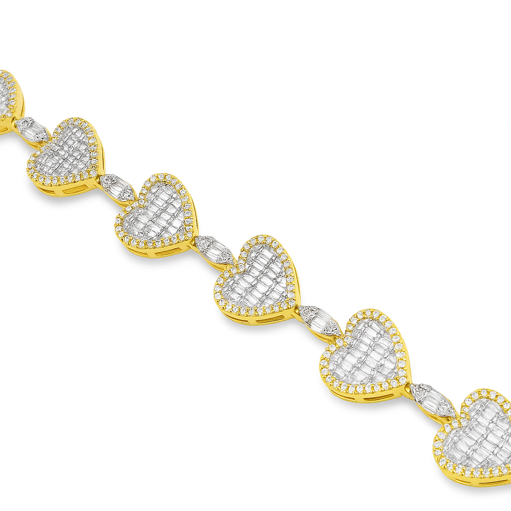10K Yellow Gold Women’s Baguette Heart Marquise Link Diamond Bracelet 2.35 ctw – 7" Elegant Design | Jewelry Palace