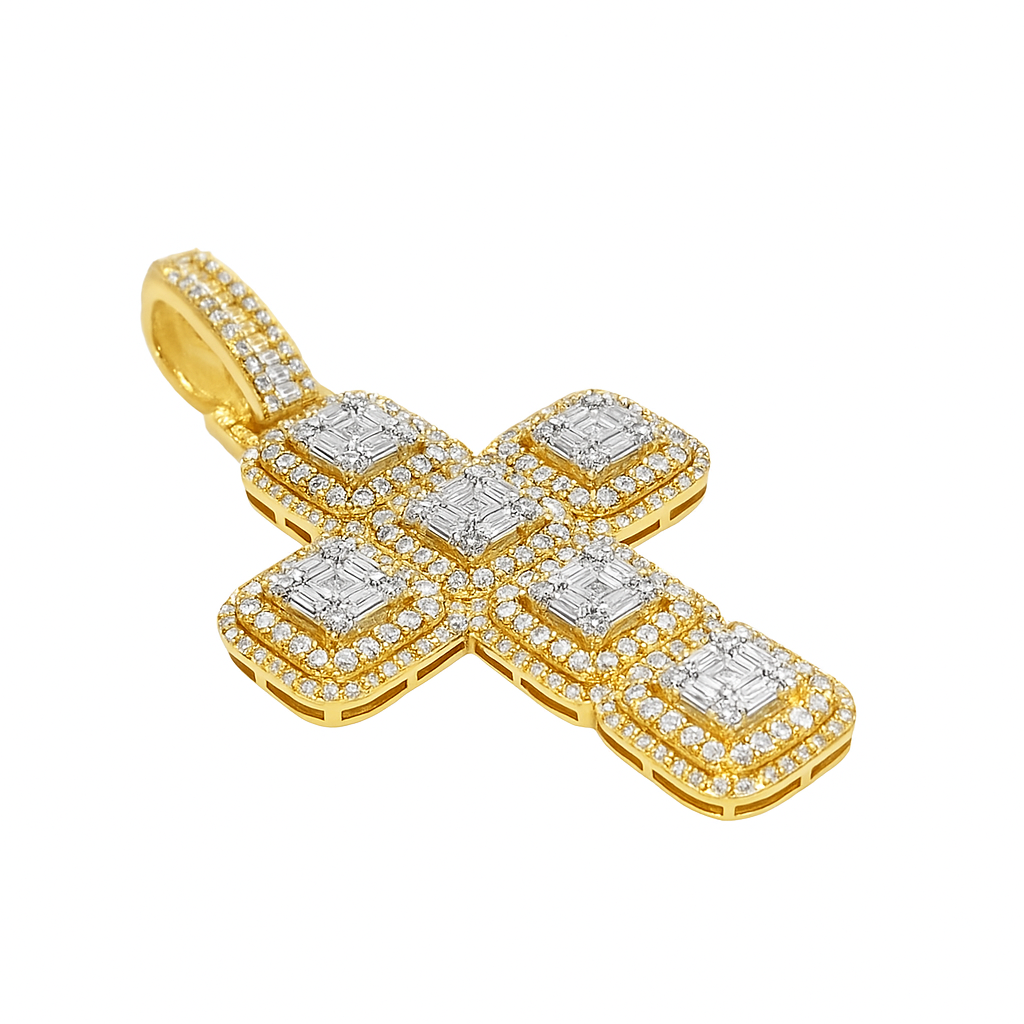 10K Yellow Gold Diamond Cross Pendant with Square Cut Diamonds 4.0 ctw