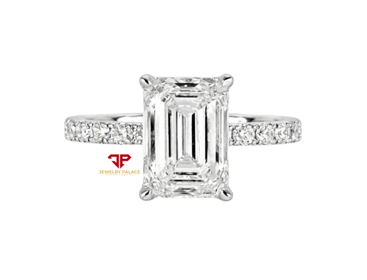3.01 CT Emerald Cut IGI Certified Lab Grown Diamond Engagement Ring – 18K White Gold 4.02 CTW Overall