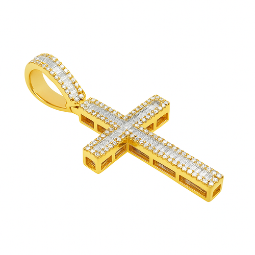 10K Yellow Gold 1.00 CTW Baguette Diamond Cross Pendant