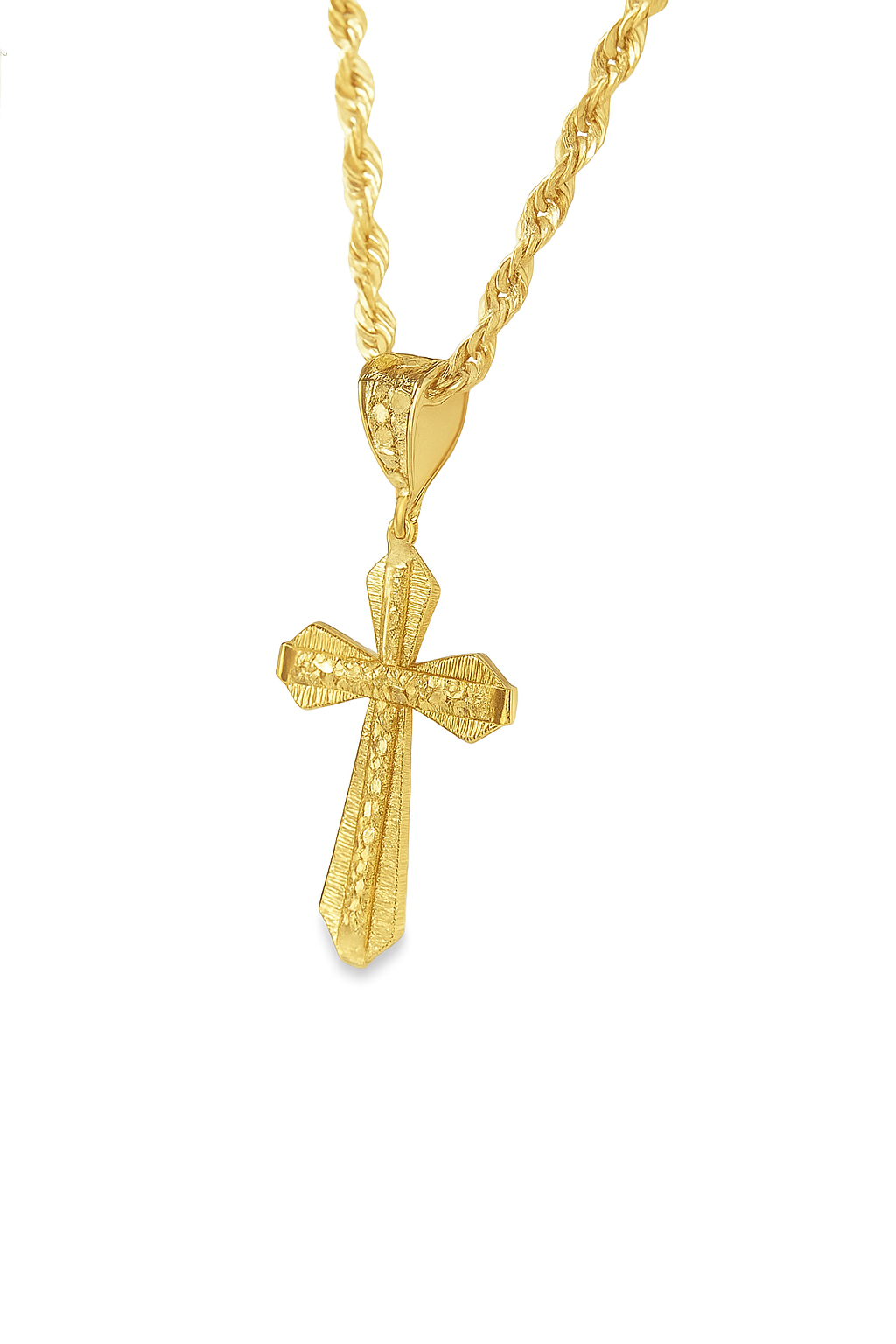 10K Yellow Gold Cross Necklace | Textured Cross Pendant with Rope Chain | Jewelry Palace