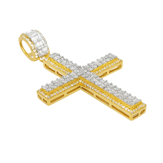 10K Yellow Gold Baguette Diamond Cross Pendant 2.35 ctw | Men’s Iced Out Gold Cross Necklace