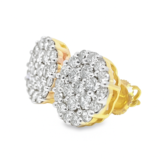 14K Yellow Gold 1.88 ctw Diamond Circle Cluster Earrings | Luxury Studs | Jewelry Palace