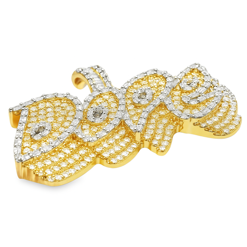 10K Yellow Gold 3D Handset Diamond Pendant 5.0 ctw | Baguette Border Iced Out Pendant for Men