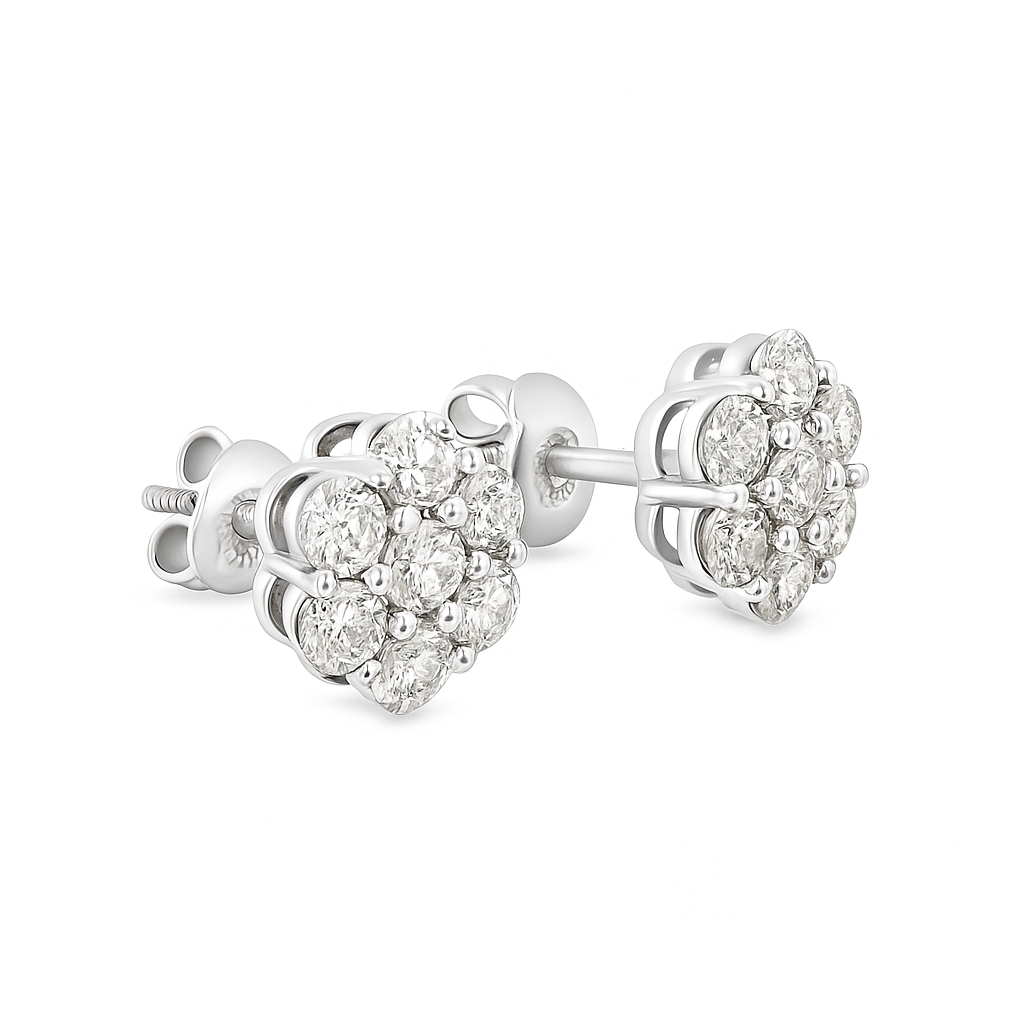 10K White Gold 0.88 ctw Diamond Flower Earrings | Halo Cluster Studs | Jewelry Palace