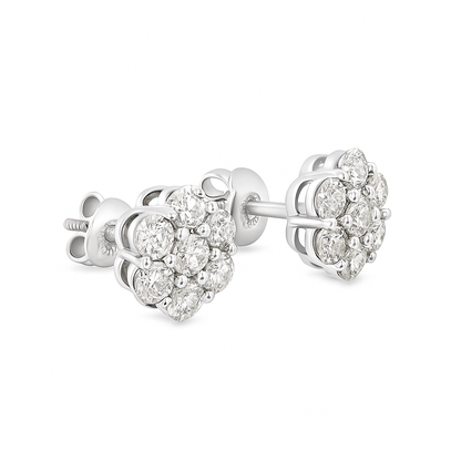 10K White Gold 0.88 ctw Diamond Flower Earrings | Halo Cluster Studs | Jewelry Palace
