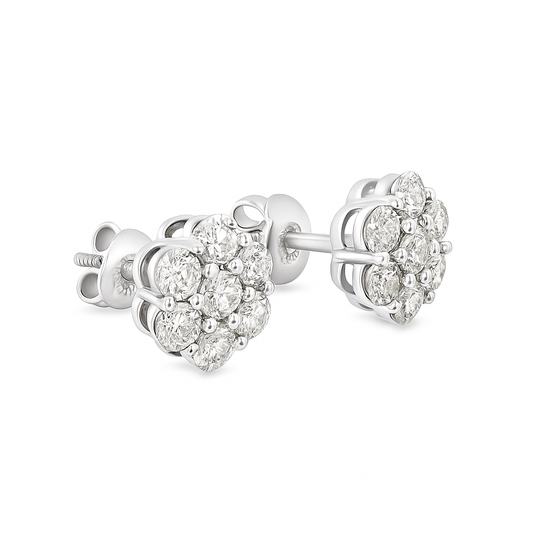 10K White Gold 0.88 ctw Diamond Flower Earrings | Halo Cluster Studs | Jewelry Palace