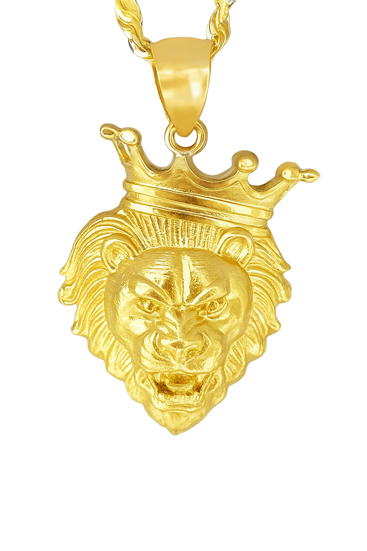 10K Yellow Gold Crowned Lion Head Pendant Necklace Set – King of the Jungle Design | Jewelry Palace