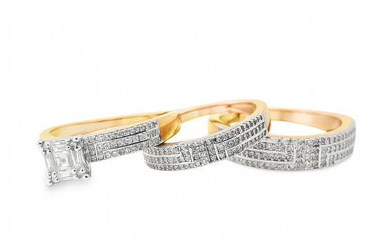 10K Yellow Gold Diamond Wedding Ring Trio Set with Baguette Diamond 0.85 ctw