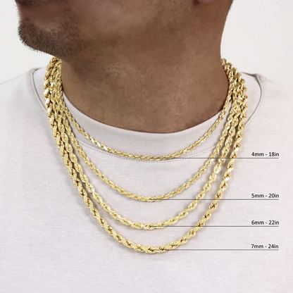 10K Yellow Gold SEMI-Hollow Rope Chain & Bracelet – Diamond Cut | Multiple Lengths & Thicknesses (1.5 mm–10mm) | Jewelry Palace