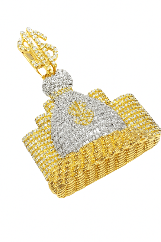 10K Yellow Gold Money Bag Pendant with Round and Baguette Diamonds 4.50 ctw