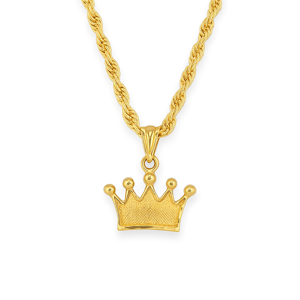 10K Yellow Gold Crown Charm Necklace | Royal-Inspired Pendant with Rope Chain | Jewelry Palace