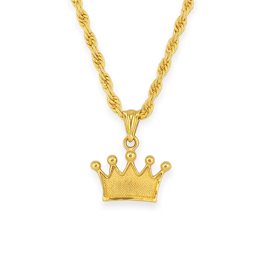 10K Yellow Gold Crown Charm Necklace | Royal-Inspired Pendant with Rope Chain | Jewelry Palace