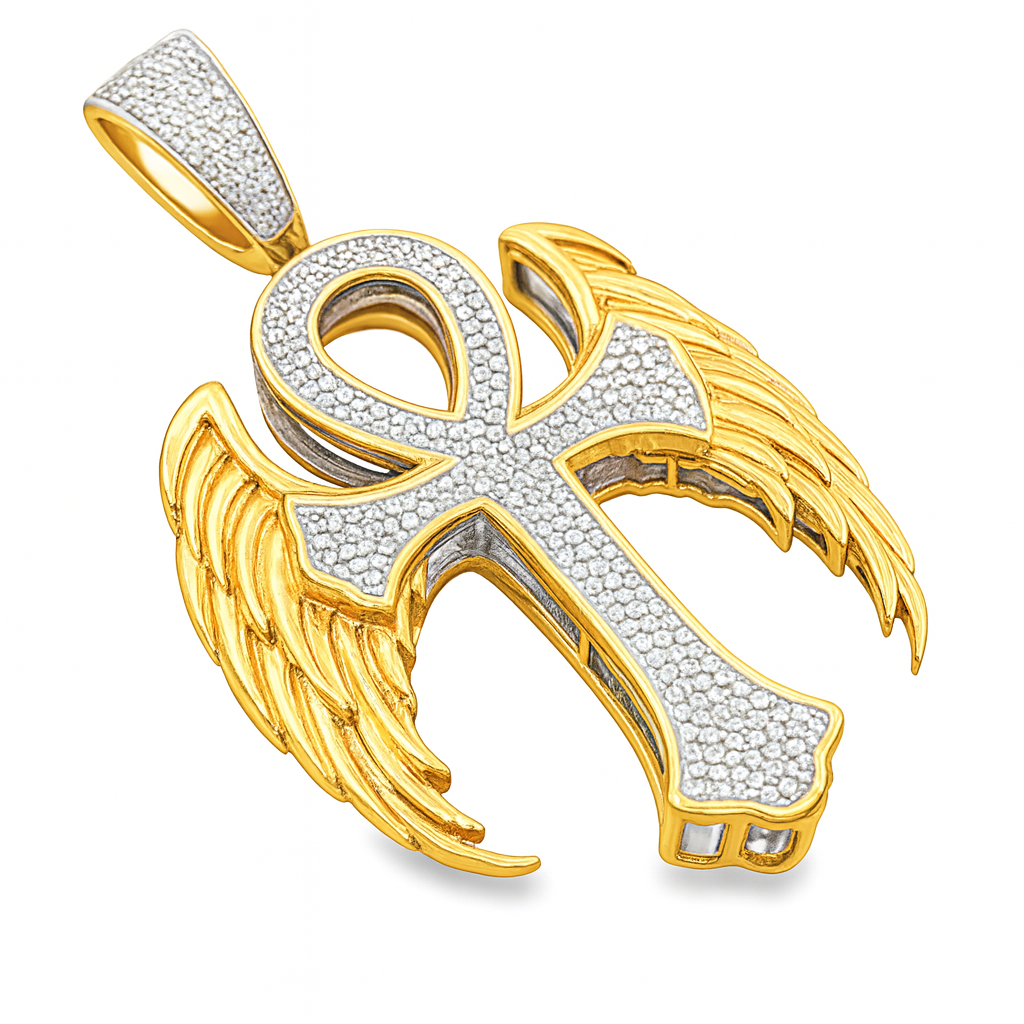 10K Yellow Gold Diamond Ankh Pendant 0.63 ctw | Angel Wing Cross of Life