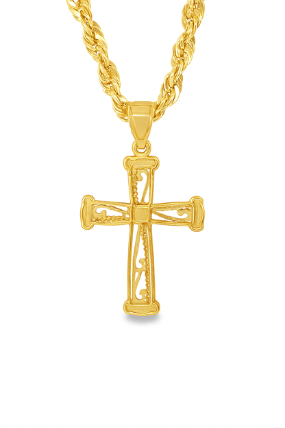 10K Yellow Gold Cross Charm Pendant Necklace | Two-Tone Accent with Rope Chain | Jewelry Palace