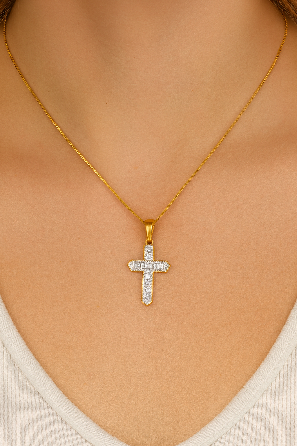 10K Yellow Gold Diamond Cross Pendant Baguette & Round Accents 0.38 CTW
