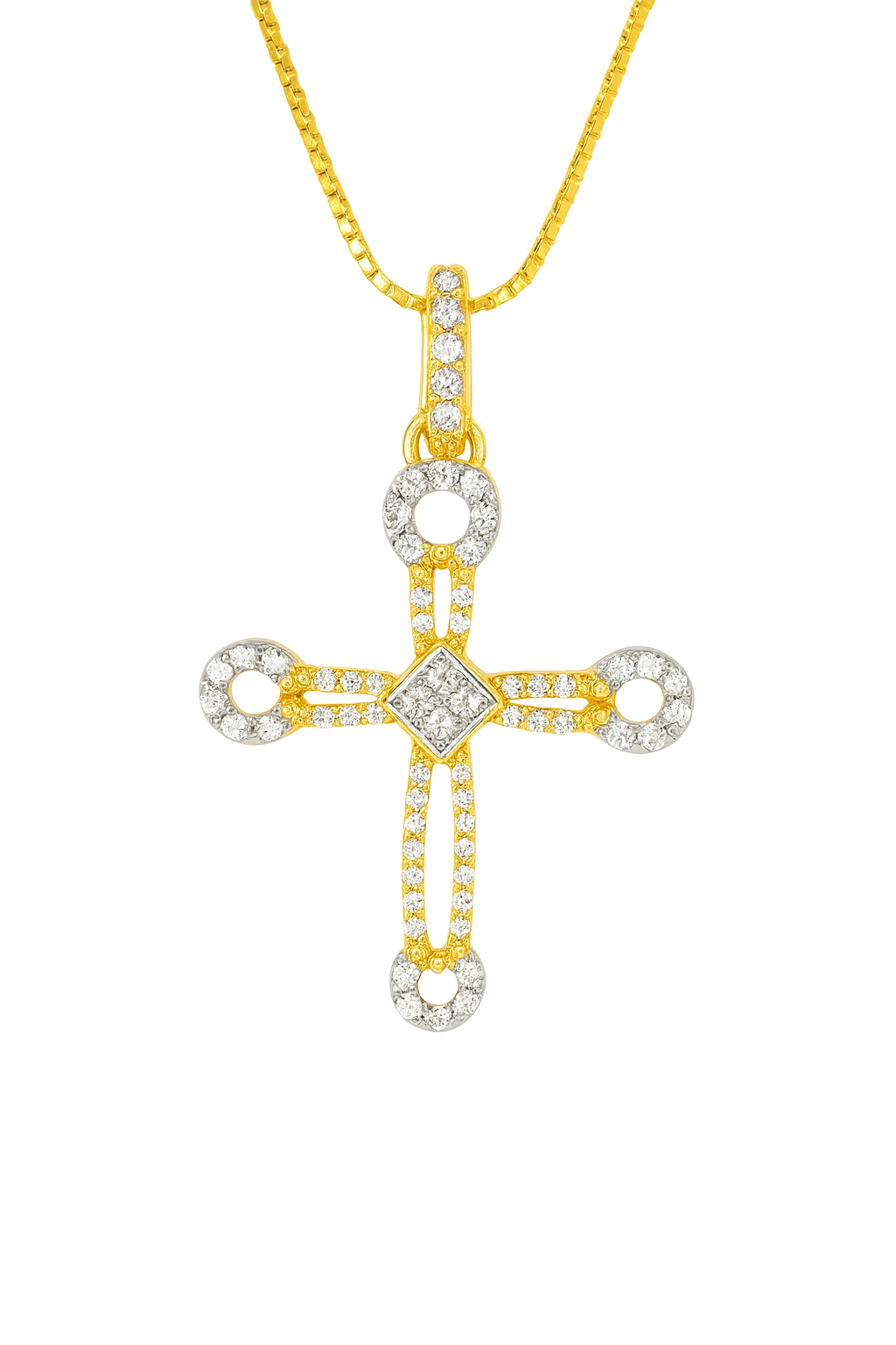 10K Yellow Gold Diamond Cross Charm Necklace Two-Tone Round Brilliant 0.23 CTW